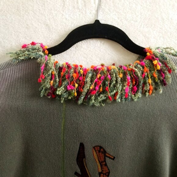 Debra Murray W M Vtg olive Wearable Art Hand Painted Shoe-Print Knit Cardigan - Picture 12 of 16